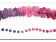 Ruby & Sapphire from Winza: Columbia Gem House Announces New Acquisition Raw and polished purple to pink gemstones arranged in two rows.