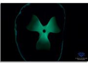 Photomicrography: Images from Within, by Sammantha Maclachlan Glowing green abstract shape resembling a four-leaf clover in darkness.