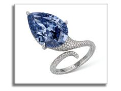 Christie’s Geneva Magnificent Jewels: Featuring the Mellon Blue and the Rainbow Collection Elegant ring with a large pear-shaped blue gemstone and diamond-studded band.